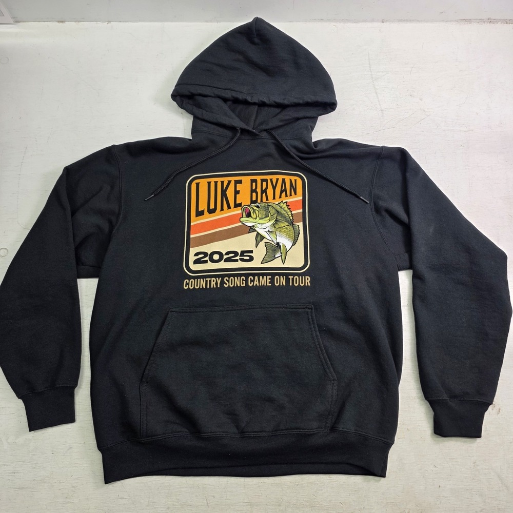 Luke Bryan Country Song Came On Tour 2025 Hoodie Mens L Black Bass Fish Camo EUC